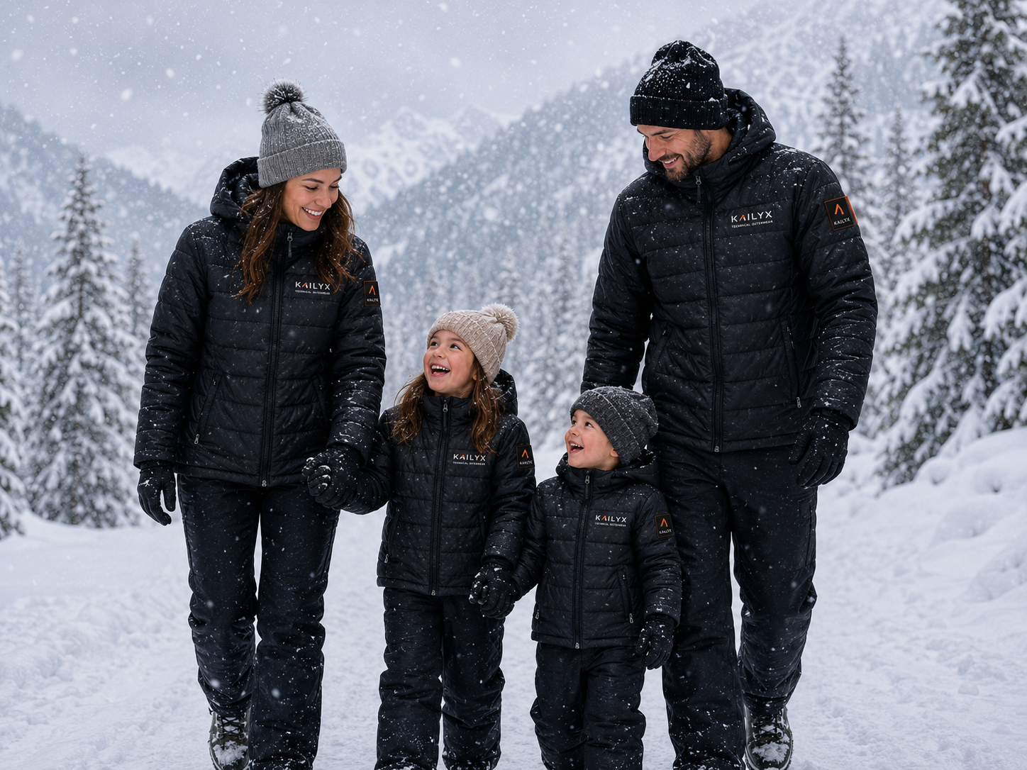 Family hiking in Kailyx technical outerwear on a snowy ridge
